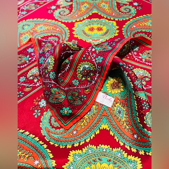 PAOLI Paisley Floral Scarf Red Yellow 27”x27” Made in Japan - Picture 11 of 13